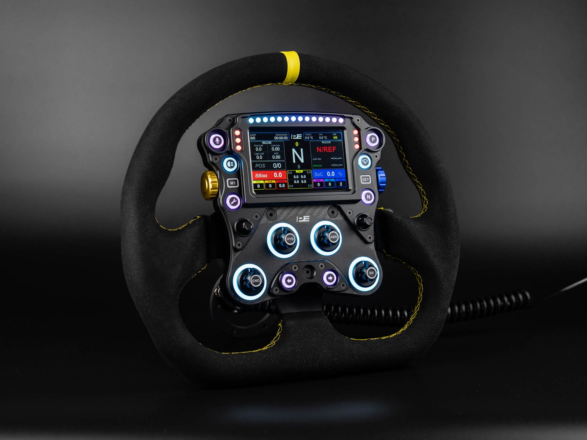 Pokornyi Engineering GTB Pro sim racing button plate mounted on the PE D330 steering wheel