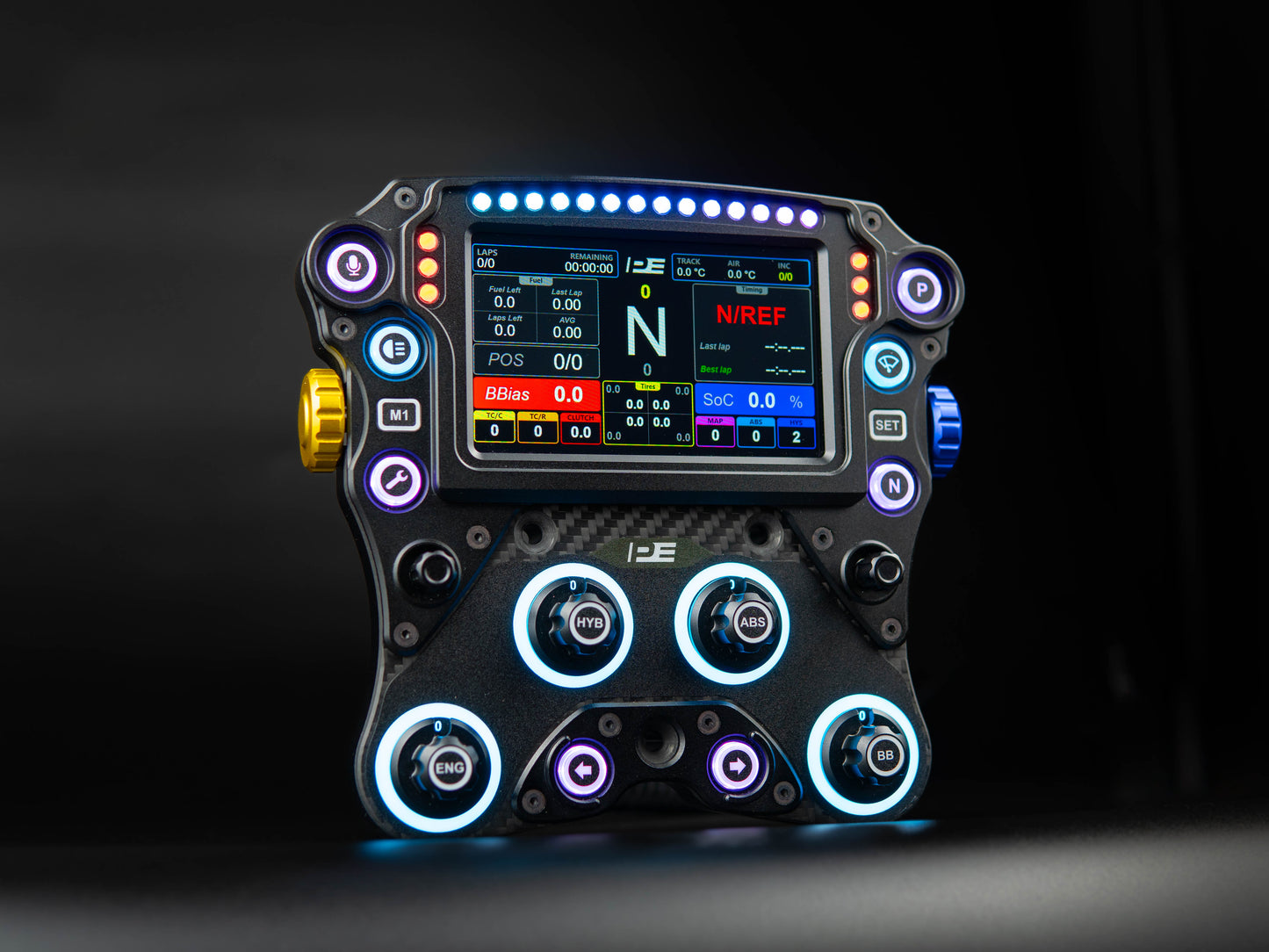 GTB Pro sim racing button box with display, aluminium enclosure and RGB LEDs