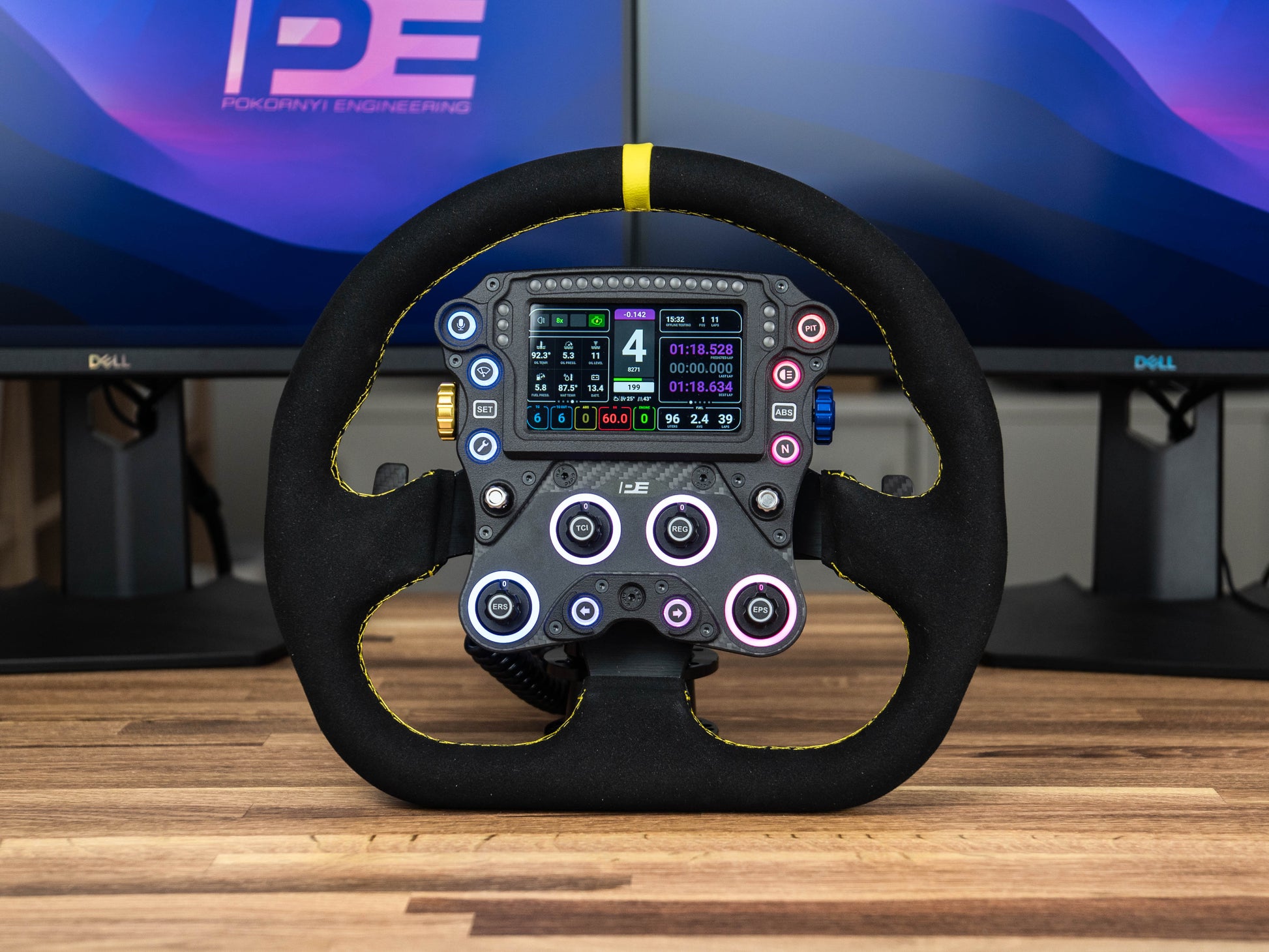 GTB Pro DIY sim racing button box with RGB rotary encoders, buttons and 4.3 screen mounted on the Pokornyi Engineering D330 steering wheel