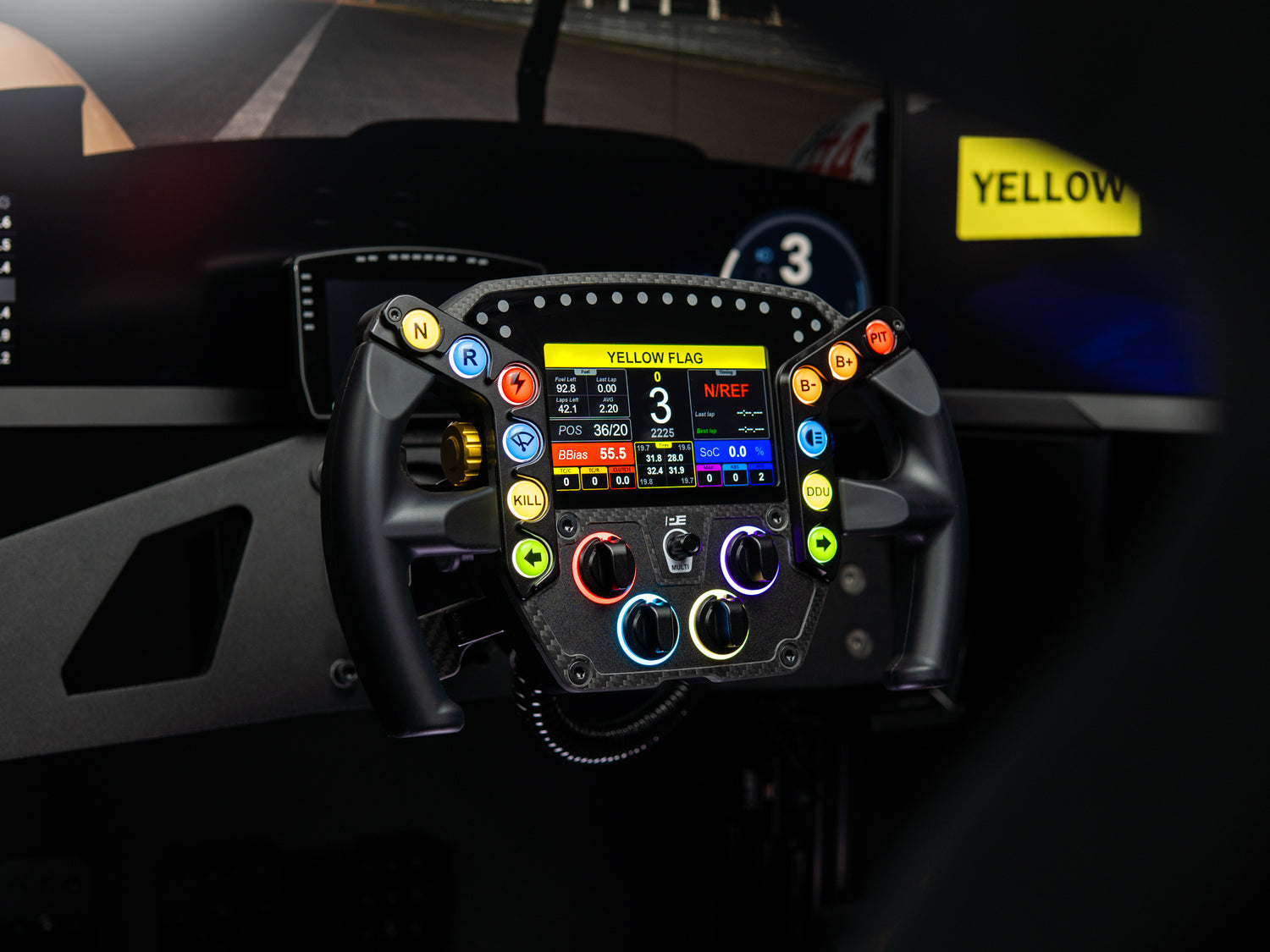 LMPH V2 hypercar steering wheel on a high-end sim raicng rig